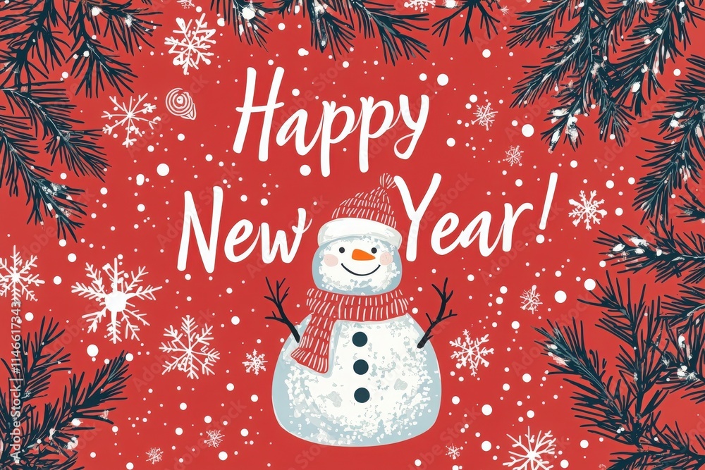 A cheerful snowman wearing a red scarf and hat is surrounded by snowflakes and pine branches, conveying a festive New Year spirit against a bright red background.