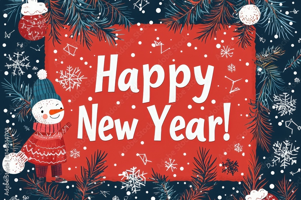 A cheerful winter scene featuring a snowman, snowflakes, and festive decorations. Bright red background displays a bold message wishing everyone a happy new year in a playful font.
