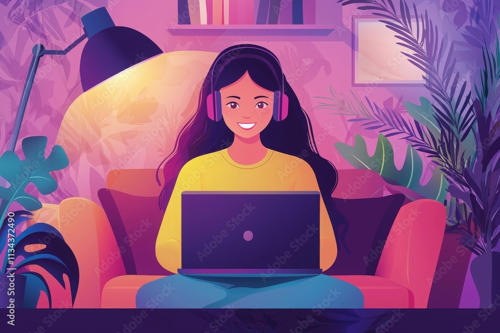 A cheerful woman wearing headphones is working on a laptop in a vibrant living room. Soft lighting and plants create a relaxed atmosphere as she focuses on her tasks.