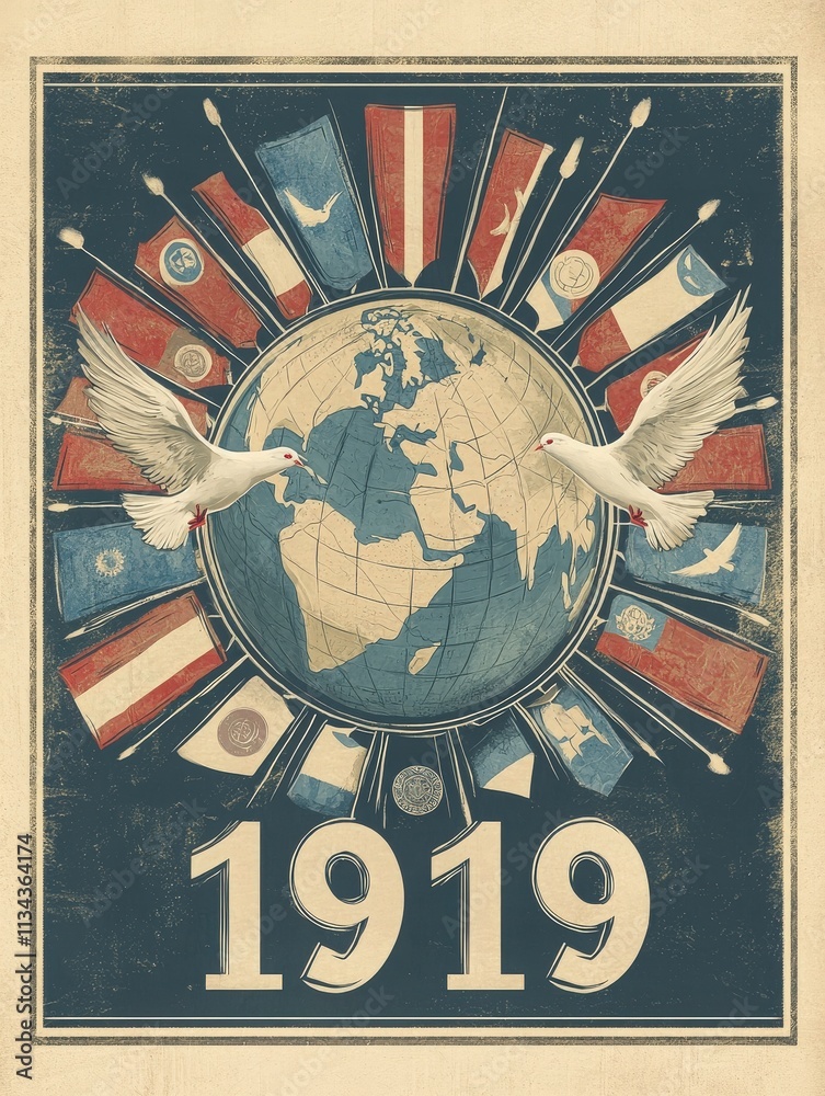 A circular arrangement of national flags surrounds a globe, with two doves at the top symbolizing peace. The year 1919 is prominently displayed, evoking a spirit of global harmony.