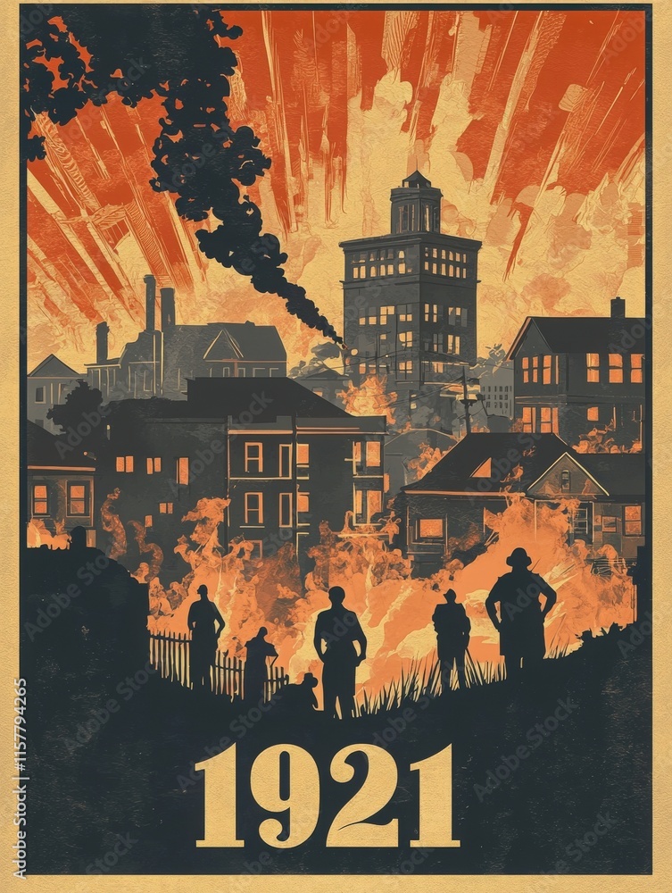 A city engulfed in flames, with buildings burning and figures standing in silhouette. The year 1921 is prominently displayed, emphasizing the historical significance of the event.