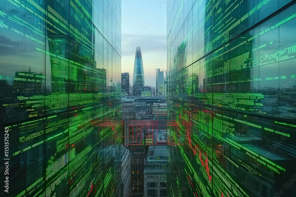 A city skyline is visible at twilight, showcasing modern glass buildings adorned with green digital data. The sun sets behind the structures, illuminating the urban landscape with a vibrant glow.