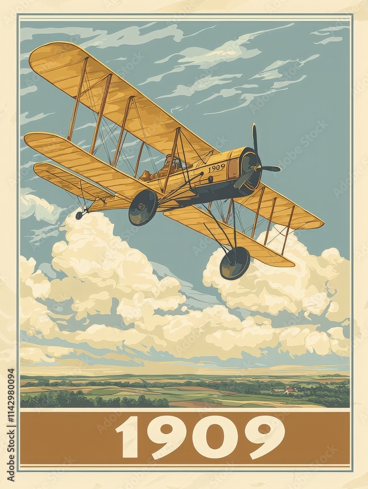 A classic biplane flies high above lush green fields and fluffy clouds, showcasing early aviation in a nostalgic 1909 design with a bright yellow color scheme.