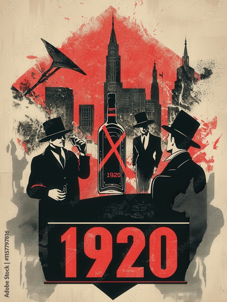 A classic gathering from the 1920s features elegantly dressed men enjoying drinks in front of a vibrant city skyline. The atmosphere captures the essence of a lively speakeasy event.