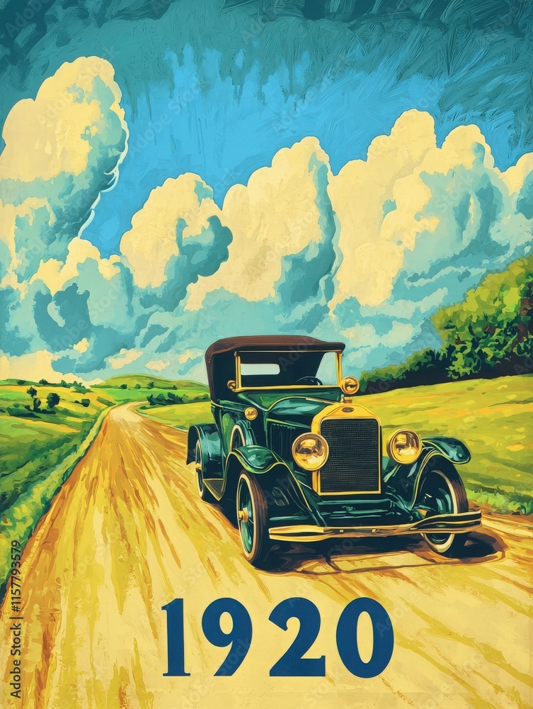 A classic green car from the 1920s travels along a dirt road surrounded by lush green fields and vibrant blue skies. The atmosphere evokes a sense of nostalgia and freedom.