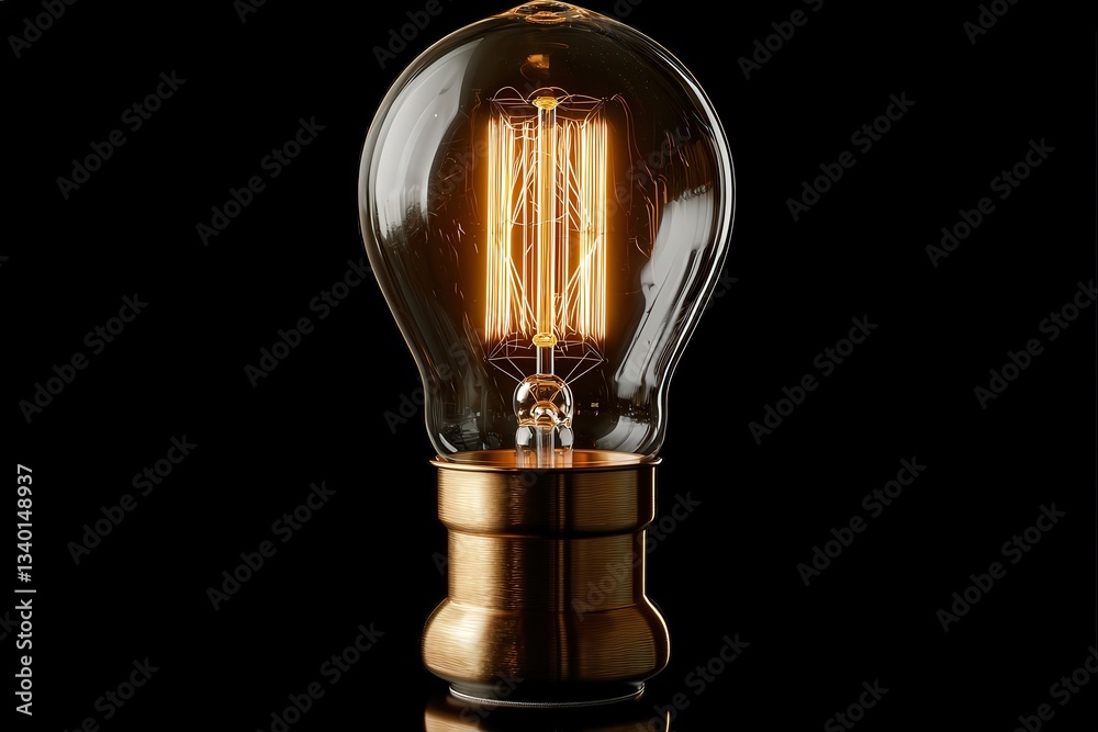 A classic light bulb featuring a warm amber filament glows softly against a black backdrop, highlighting its intricate design and providing a cozy atmosphere in a dim setting.