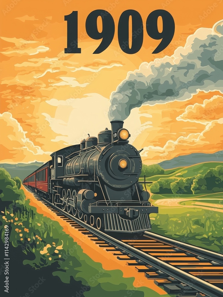 A classic steam locomotive chugs along railway tracks surrounded by lush greenery and hills. The sky glows with warm sunset colors, creating a nostalgic atmosphere of 1909.
