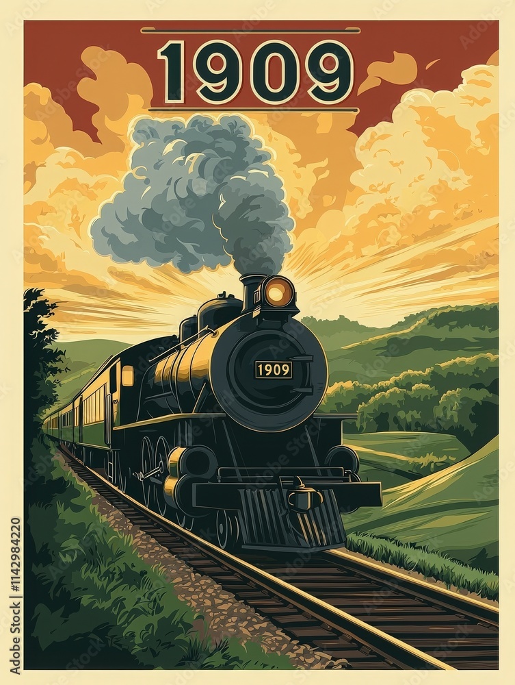 A classic steam locomotive chugs along the railway, surrounded by lush green hills under a colorful sunset sky. The year 1909 is prominently displayed, evoking nostalgia for a bygone era.