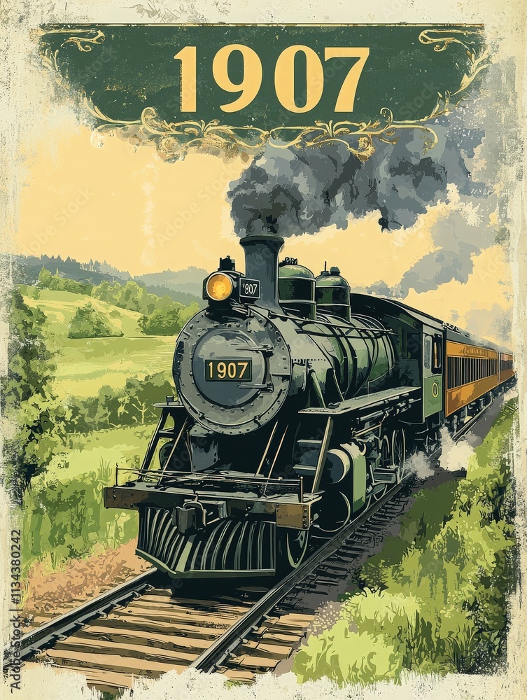 A classic steam locomotive pulls a yellow passenger car through a picturesque green landscape. Billowing smoke rises as it journeys along the tracks on a sunny day in 1907.