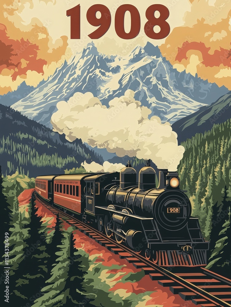 A classic steam locomotive, year 1908, chugs along railway tracks surrounded by dense forests and towering mountains. The backdrop features a vibrant sunset with dynamic clouds.