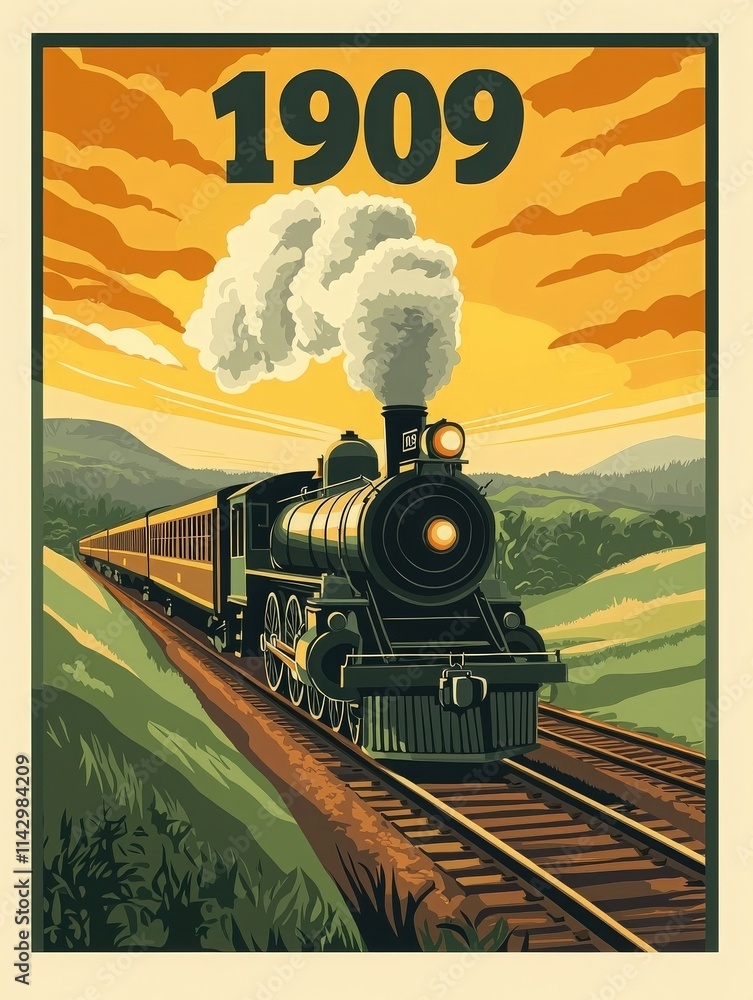 A classic steam train makes its way through beautiful green hills under a vibrant sunset. The year 1909 is prominently displayed, capturing the essence of a bygone era.