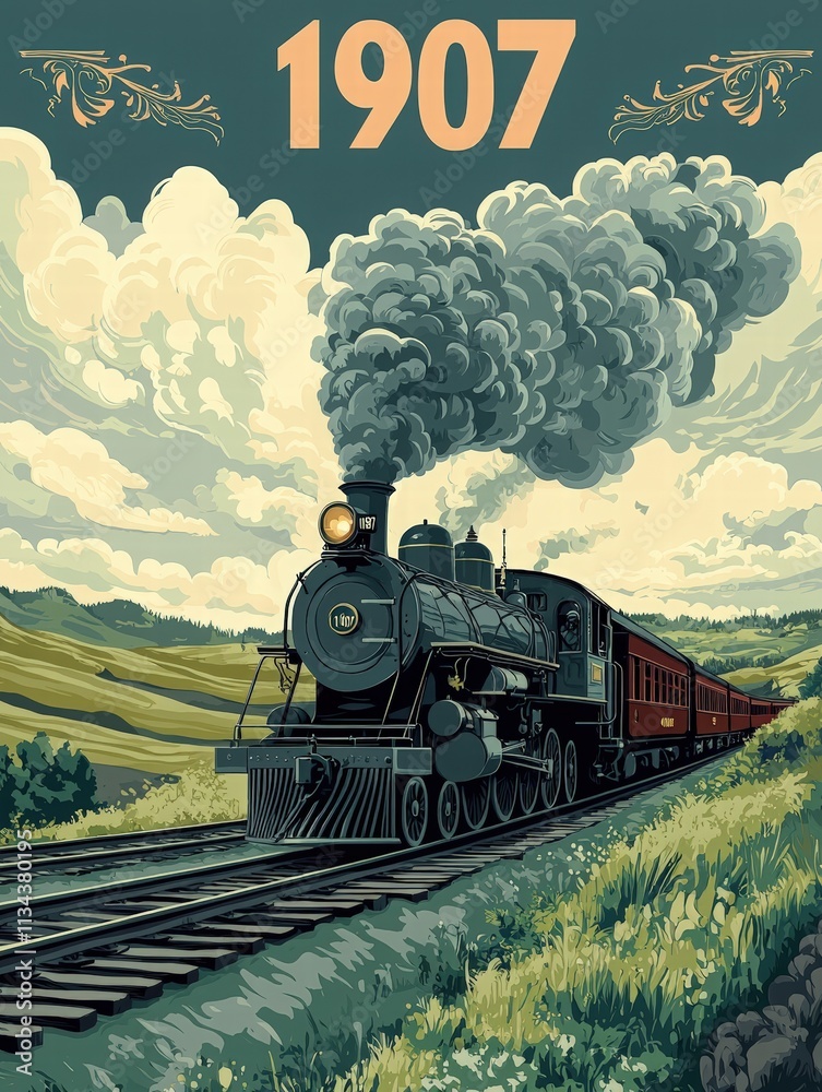 A classic steam train pulls vintage carriages along a scenic railway in the countryside, with green hills and billowing clouds enhancing the nostalgic atmosphere of 1907.