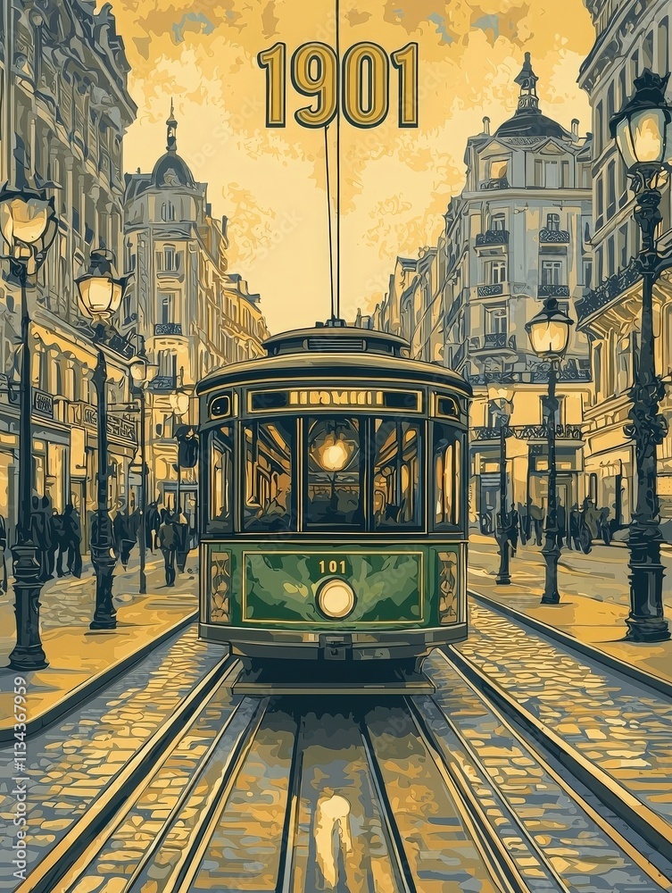 A classic tram from 1901 moves along cobblestone tracks in a lively urban setting at dusk. Gas lamps light the street, while pedestrians enjoy the vibrant atmosphere.