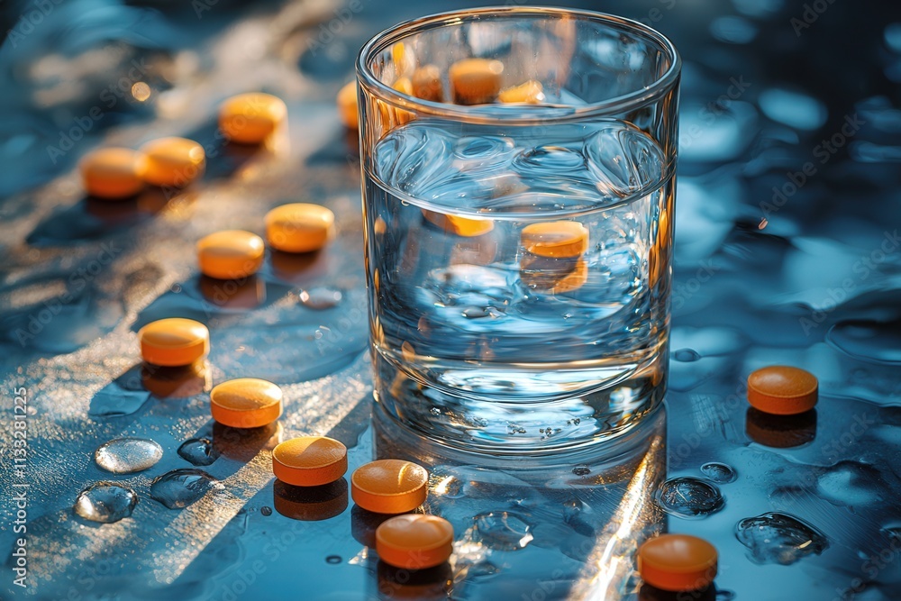 A clear glass filled with water sits on a wet surface, surrounded by orange tablets. The soft evening light highlights the scene, creating a tranquil atmosphere.