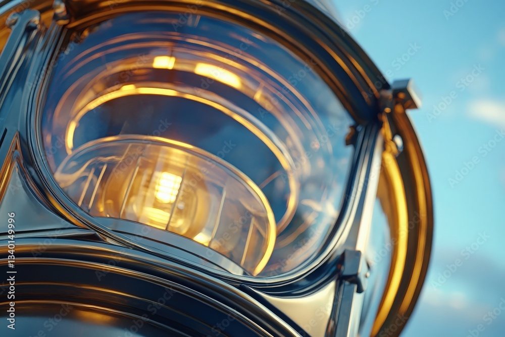 A close-up of a beautifully crafted lighthouse lantern shines brightly against a clear blue sky. The glass captures the sunlight, illuminating the intricate details of the design.
