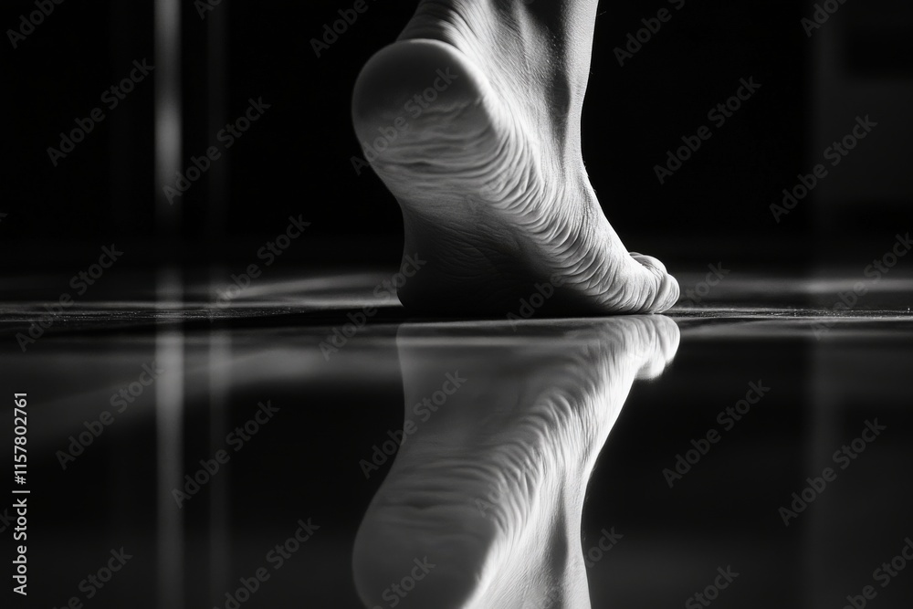 A close-up of a foot stepping on a shiny surface, creating a striking reflection. The black and white contrast highlights the textures and shapes of the foot and the floor, emphasizing the moment.