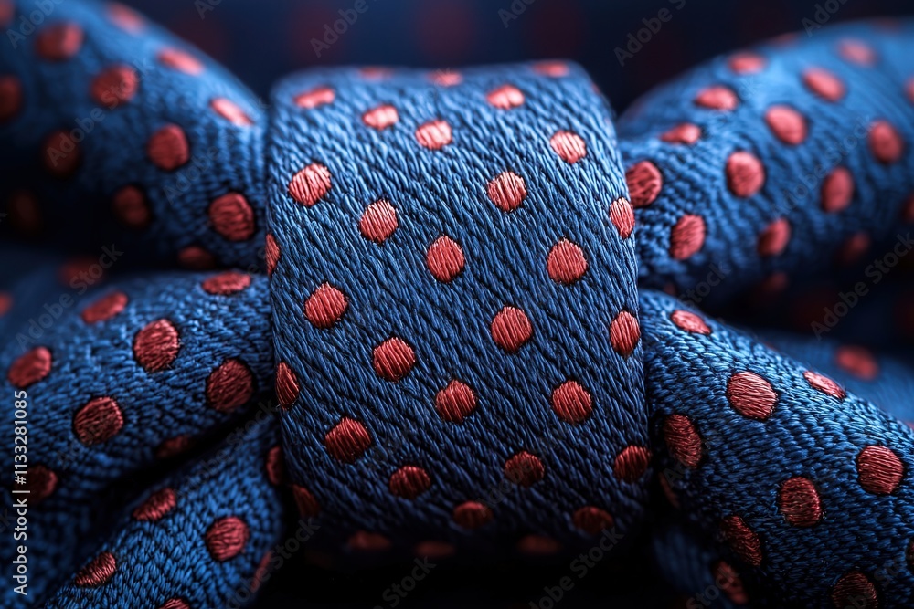 A close-up view highlights a blue bow tie adorned with red polka dots, showcasing intricate textile patterns and craftsmanship. The focus reveals texture and color contrast beautifully.