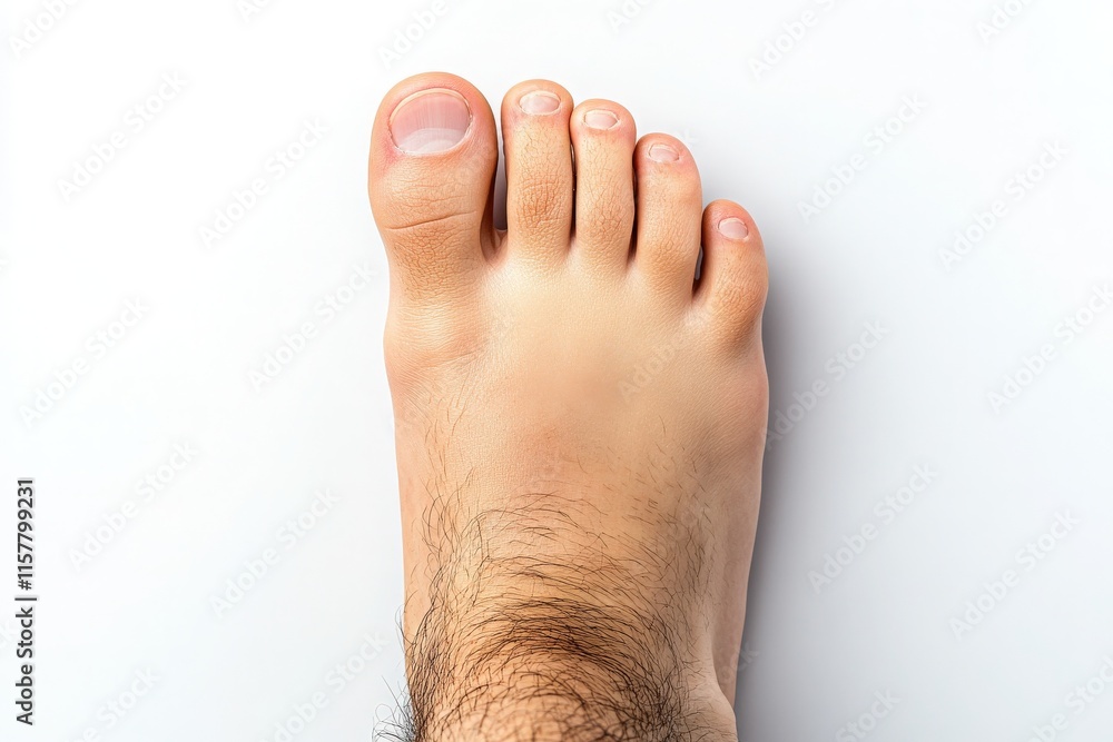 A close-up view of a bare foot is displayed against a plain white background. The foot features well-groomed toenails and light hair on the top, emphasizing human anatomy and natural appearance.