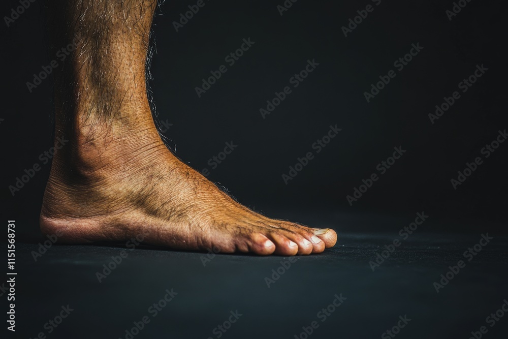 A close-up view of a bare foot standing on a dark surface, highlighting the texture and details of the skin. The background remains blurred and simple, focusing on the foot.