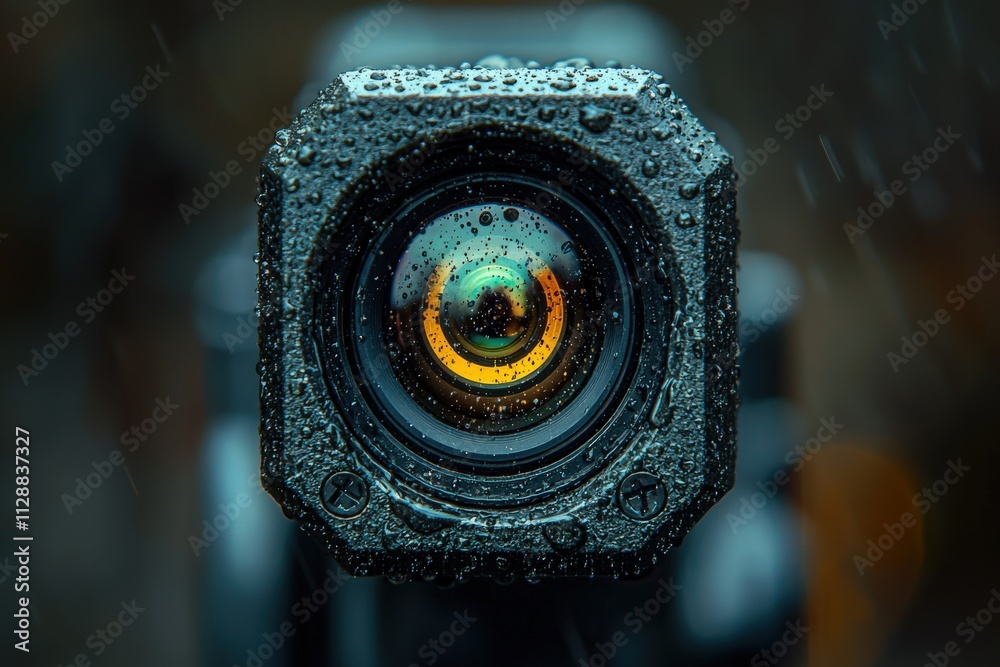A close-up view of a camera lens covered in rain droplets. The moisture enhances reflections and showcases the intricate design of the lens, set against a blurred background.
