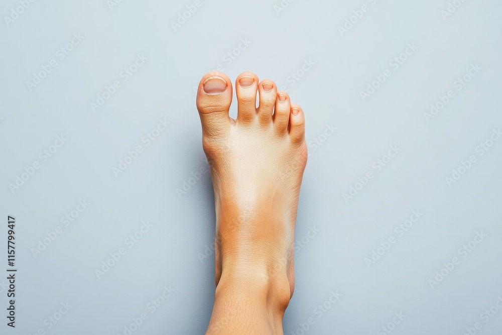 A close-up view of a human foot displays five distinct toes resting on a soft, light-colored surface. The image emphasizes skin texture and anatomical features.