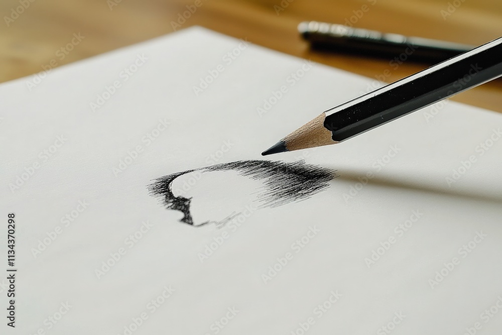 A close-up view of a pencil creating a detailed sketch on white paper. The workspace is simple, highlighting the artistic process in a calm environment.