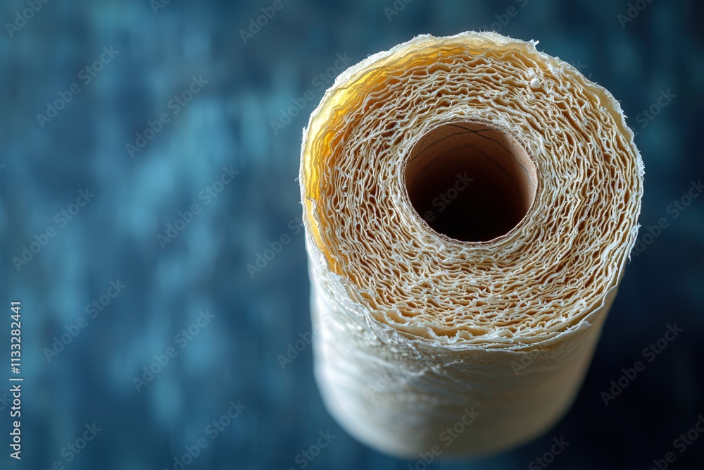 A close-up view of a rolled natural fiber sheet reveals its intricate texture and layered design. The background features a subtle blue hue, emphasizing the organic quality of the material.