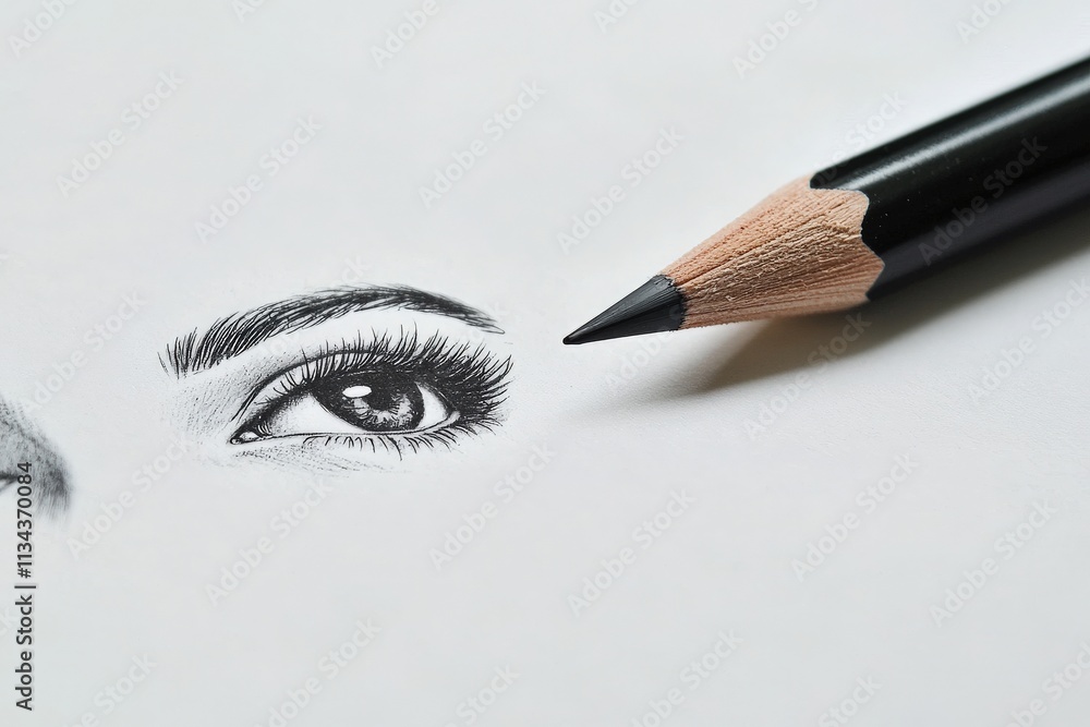 A close-up view of a skillfully drawn eye, highlighting intricate details like eyelashes and shading. A sharpened pencil is positioned next to the artwork, ready for further touches.