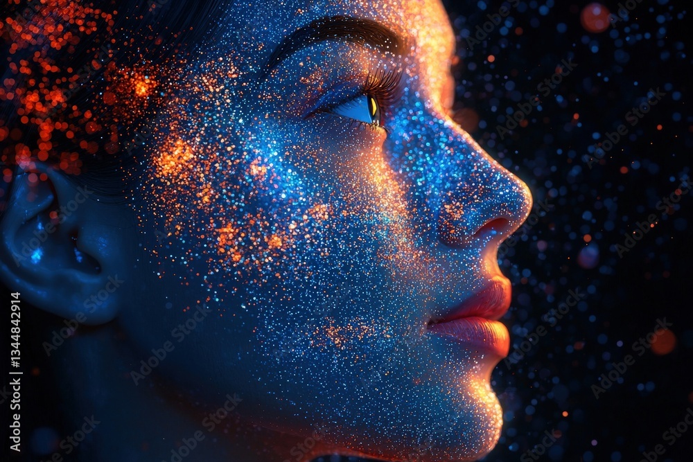 A close-up view of a womans profile, showcasing her skin adorned with vibrant cosmic particles. The dark background enhances the glowing blue and orange specks that create a mystical effect.