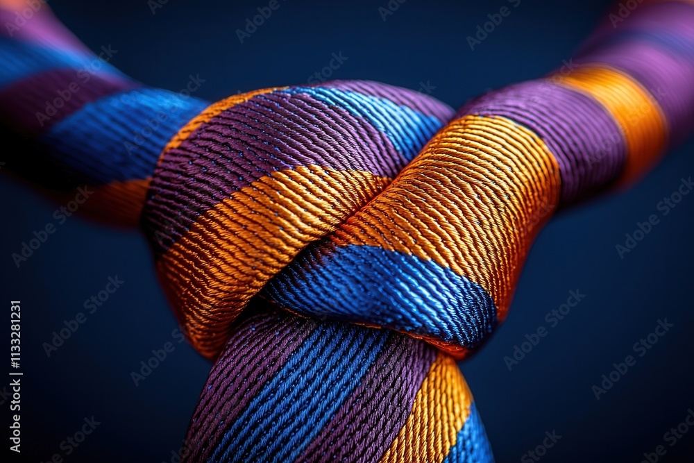 A close-up view reveals a beautifully knotted tie featuring vivid colors of purple, orange, and blue. The intricate weaving highlights the craftsmanship and elegance of the fabric.