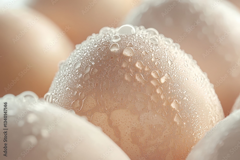 A close-up view reveals several eggs with droplets of moisture on their surface, emphasizing freshness. The soft, neutral tones create a calming atmosphere, perfect for a farm or kitchen setting.