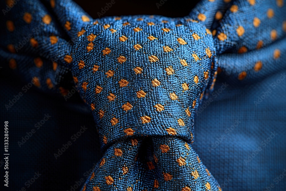 A close-up view showcases a blue tie adorned with small orange polka dots, highlighting its textured fabric. This accessory adds a touch of sophistication to formal attire, perfect for special events.