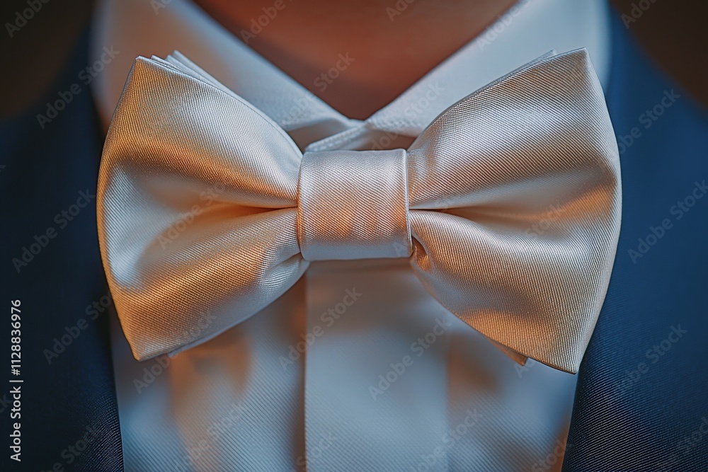 A close-up view showcases a pristine white bow tie tied perfectly around the collar of a formal shirt, suited for an elegant event or celebration.
