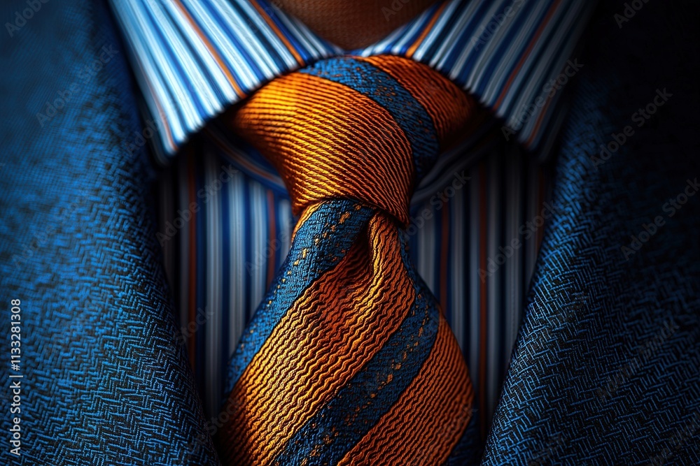 A close-up view showcases a tailored blue suit complemented by a striped shirt. The vibrant orange tie features a textured pattern, adding sophistication to the outfit.