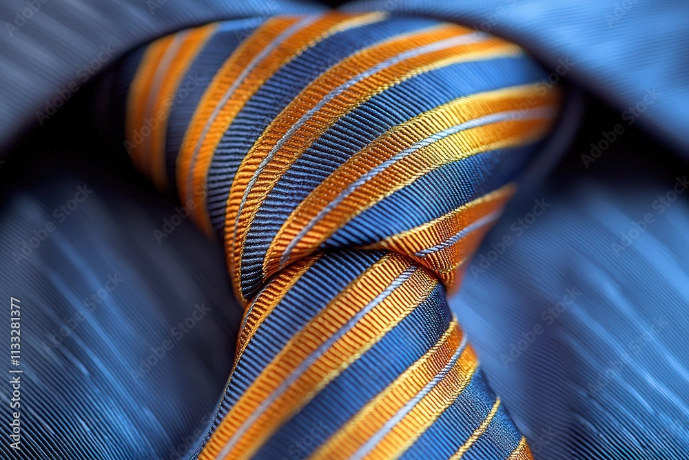 A close up view of a neatly knotted tie featuring vibrant orange and blue stripes, set against a formal shirt. The fabric texture and colors create a sophisticated appearance.