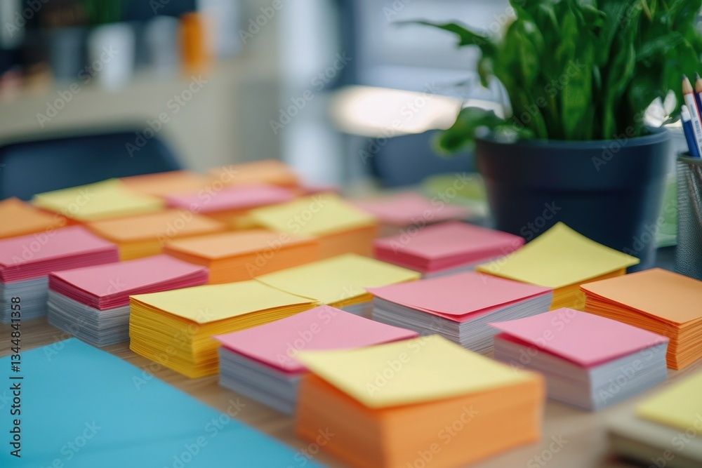 A cluttered table displays vibrant sticky notes in varied colors including pink, yellow, and orange. A green plant adds freshness to the workspace, enhancing creativity and productivity.
