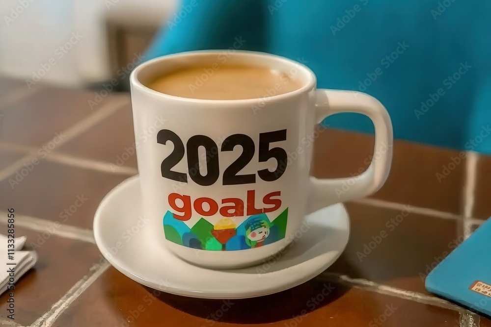 A coffee mug displays the text 2025 goals, resting on a white saucer atop a wooden table. The background features cozy decor and a blue chair, creating a warm atmosphere.