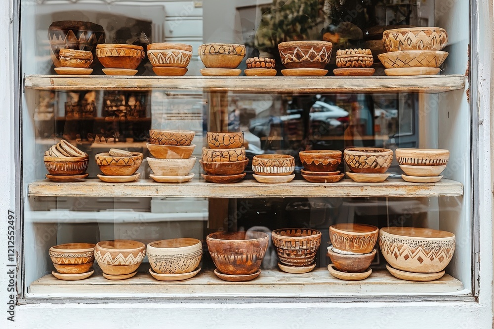 A collection of beautifully crafted pottery bowls rests on wooden shelves in an artisan shop window. Each bowl features unique designs and earthy tones, showcasing the craftsmanship.