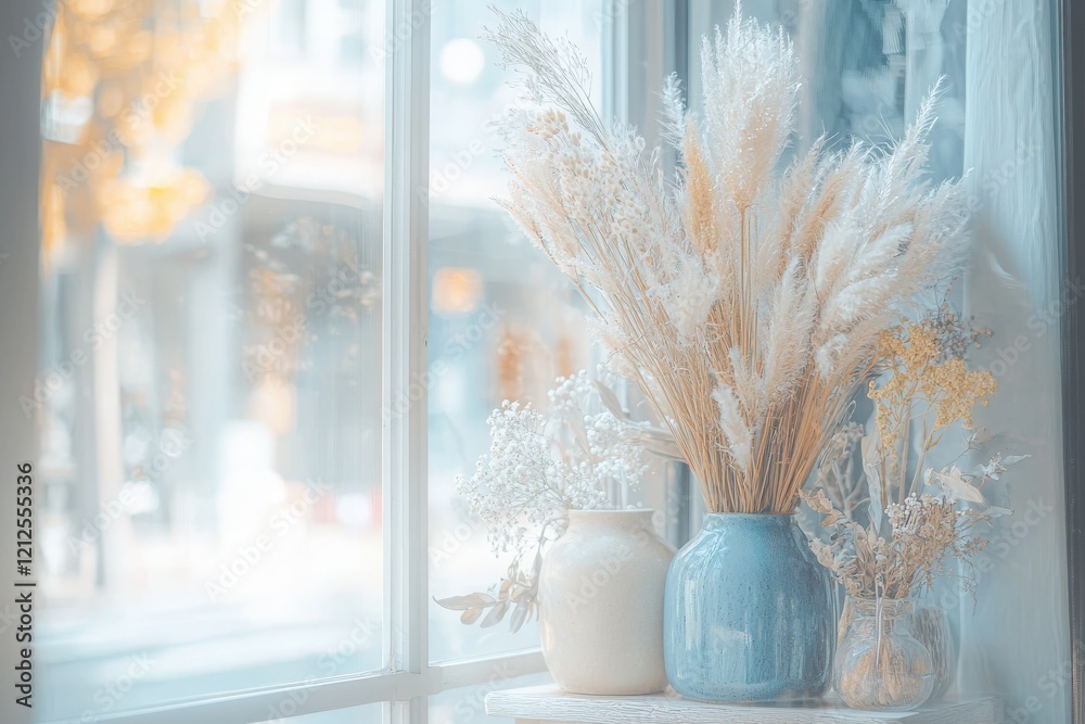 A collection of dried flowers arranged in ceramic vases sits on a windowsill, illuminated by soft daylight. The pastel colors create a serene atmosphere in the room.