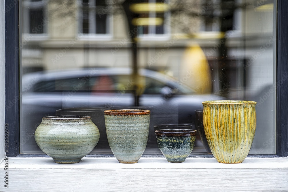 A collection of five unique pottery pieces in various shapes and colors is prominently displayed on a window ledge. The cloudy sky reflects in the glass, adding depth to the scene.