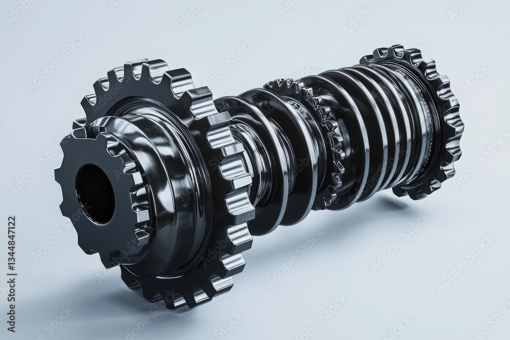 A collection of intricate metallic gears interlocked together, displaying a polished surface and precise engineering. The composition emphasizes the mechanics and functionality of the machinery.