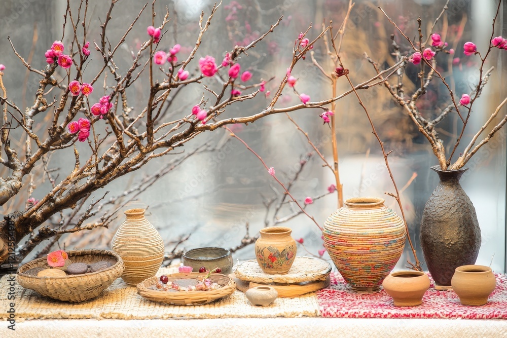 A collection of intricate pottery pieces is arranged beside blossoming branches, creating a tranquil atmosphere. The soft colors of the decorations enhance the peaceful aesthetic of the setting.