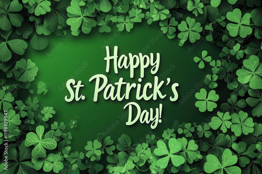 A collection of lush green clovers surrounds the cheerful greeting celebrating St. Patricks Day. This festive display highlights the spirit of joy and celebration associated with the holiday.