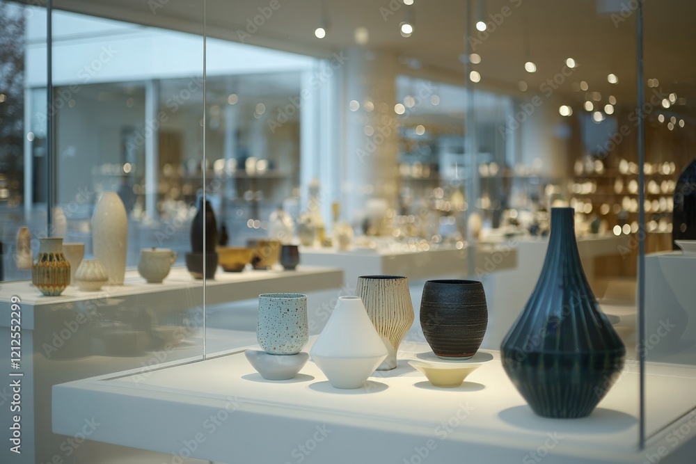 A collection of various ceramic vases is showcased in a modern gallery with soft lighting. The art pieces feature a range of colors and designs, attracting visitors attention throughout the space.
