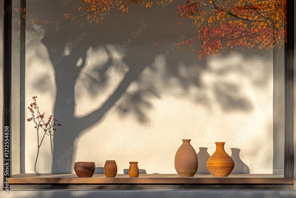 A collection of various handmade pottery pieces is arranged on a wooden ledge by a window. Bright autumn leaves cast shadows on a neutral wall, highlighting the textures of the vases.