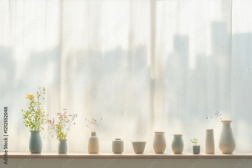A collection of various vases is arranged on a windowsill, each holding delicate flowers. Soft sunlight filters through a translucent curtain, casting a warm glow in a cozy urban environment.