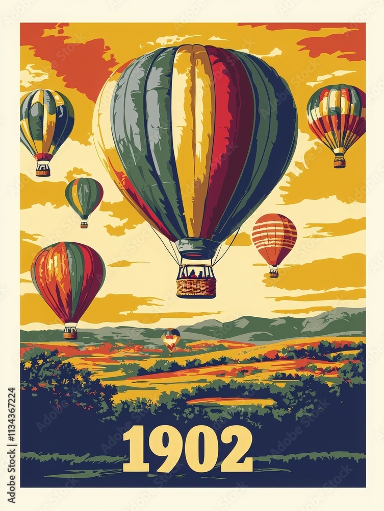 A collection of vintage hot air balloons in various colors floats above a picturesque landscape, showcasing rolling hills and a sunset sky. The year 1902 is prominent at the bottom.