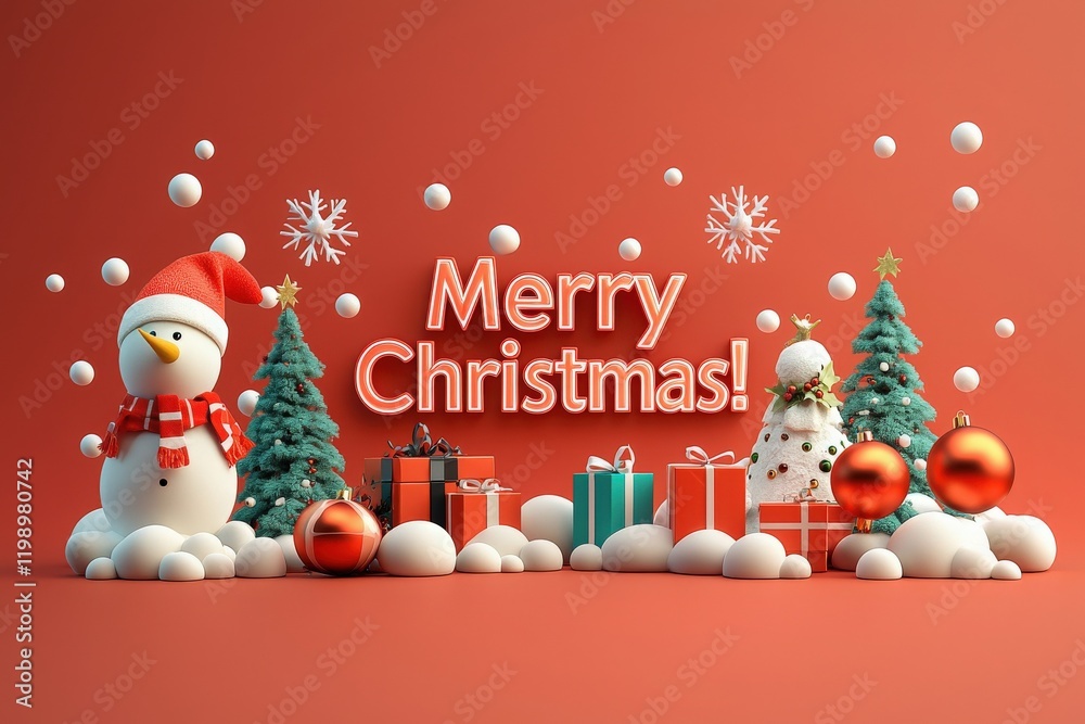 A colorful Christmas display features a cheerful snowman wearing a scarf and hat, flanked by decorated trees, shiny ornaments, and wrapped gifts.