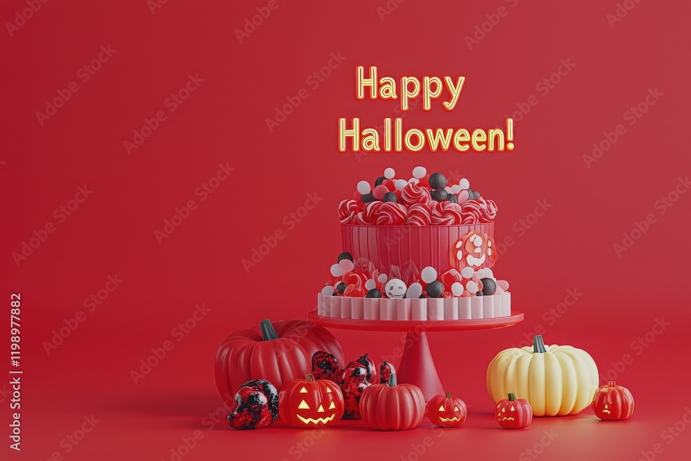 A colorful Halloween cake sits on a pedestal surrounded by pumpkins and spooky decor. The cheerful message adds to the festive atmosphere perfect for Halloween celebrations.