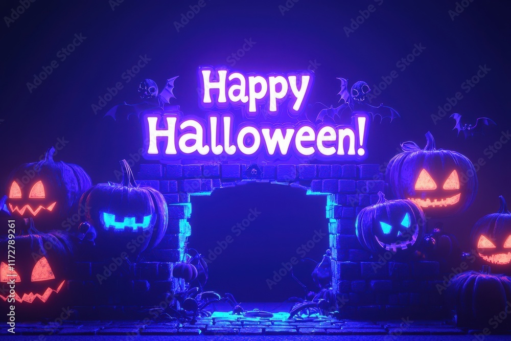 A colorful Halloween decoration features glowing pumpkins and playful bats under a vibrant sign that reads Happy Halloween. The scene is set at night, creating a spooky yet fun atmosphere.